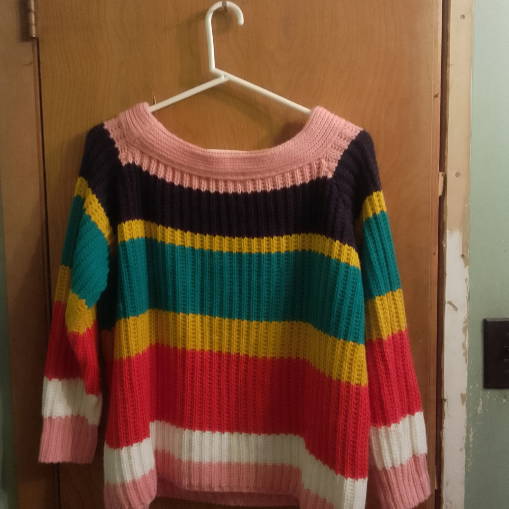 Blue Blush Color Block Striped Pullover Cashmere Sweaterwith Swoop Neck Small